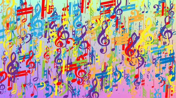 Contexte disco. Symbole de notes musicales colorées tombant sur fond d'hologramme. Many Random Falling Notes, Bass and, G Clef. Modèle vectoriel disco avec symboles musicaux. — Image vectorielle