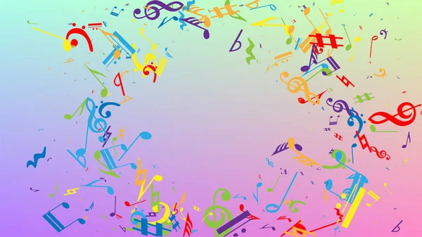 Disco Background. Many Random Falling Notes, Bass and, Treble Clef. Colorful Musical Notes Symbol Falling on Hologram Background. Disco Vector Template with Musical Symbols. — Stock Vector
