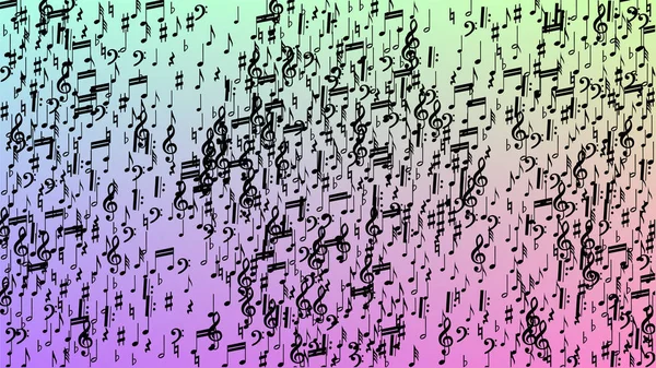 Disco de fundo. Notas musicais pretas Símbolo caindo no fundo do holograma. Muitos Random Falling Notes, Bass and, Treble Clef. Modelo de Vetor de Disco com Símbolos Musicais . —  Vetores de Stock