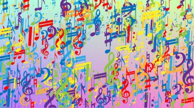 Disko arka planı. Bir sürü rasgele Düşen Notalar, Bas ve G Clef. Renkli Müzik Notaları Sembolü Hologram Arkaplanına Düşüyor. Müzikal Sembollü Disko Vektör Şablonu.