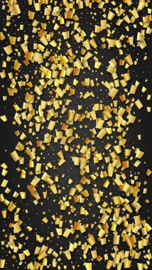 Altın Konfeti Kara Platforma Düşüyor. Şenlik Düzeni. Evrensel Arka plan 'da Tatil Dekorasyonu. Modern Modern Lüks Şablon. Birçok Altın Konfeti ile Vektör Arkaplanı.