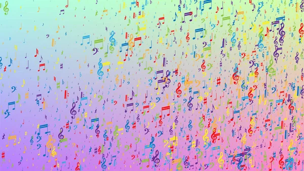 Contexte disco. Symbole de notes musicales colorées tombant sur fond d'hologramme. Many Random Falling Notes, Bass and, G Clef. Modèle vectoriel disco avec symboles musicaux. — Image vectorielle