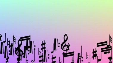 Disko arka plan. Hologram zemin üzerine düşen siyah müzik notaları sembolü. Birçok rasgele düşen notlar, bas ve tiz nota anahtarı. Disko vektör şablonu ile müzikal sembolleri.