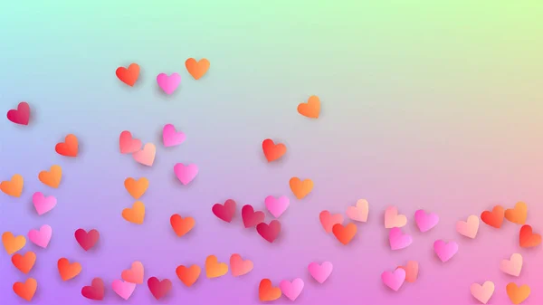 Hou van achtergrond. Sjabloon poster. Hart Confetti patroon. Vele willekeurige vallende paarse harten op Hologram achtergrond. Vector liefde achtergrond. — Stockvector