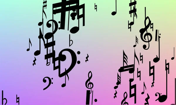 Contexte disco. Symbole de notes musicales noires tombant sur fond d'hologramme. Many Random Falling Notes, Bass and, Treble Clef. Modèle vectoriel disco avec symboles musicaux . — Image vectorielle