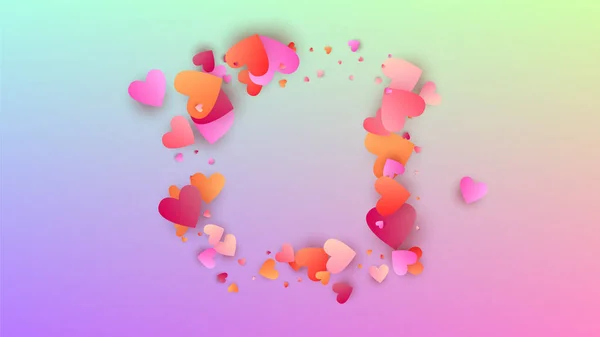 Kärlek bakgrund. Hjärta konfetti mönster. Många slumpmässiga fallande rosa hjärtan på hologram bakgrund. Kortmall. Vektor kärlek bakgrund. — Stock vektor
