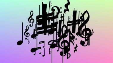 Disko arka plan. Hologram zemin üzerine düşen siyah müzik notaları sembolü. Birçok rasgele düşen notlar, bas ve tiz nota anahtarı. Disko vektör şablonu ile müzikal sembolleri.