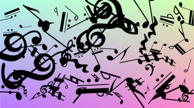 Disko arka plan. Hologram zemin üzerine düşen siyah müzik notaları sembolü. Birçok rasgele düşen notlar, bas ve tiz nota anahtarı. Disko vektör şablonu ile müzikal sembolleri.