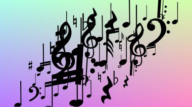 Disko arka plan. Birçok rasgele düşen notlar, bas ve tiz nota anahtarı. Hologram zemin üzerine düşen siyah müzik notaları sembolü. Disko vektör şablonu ile müzikal sembolleri.