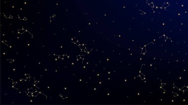 Takımyıldız Haritası. Astronomik Baskı. Degrade Mavi Gökada Deseni. Birçok Yıldız ile Mistik Kozmik Gökyüzü. Vektör Bulutsusu Uzay Arka Planı.