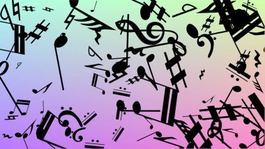 Disko arka plan. Hologram zemin üzerine düşen siyah müzik notaları sembolü. Birçok rasgele düşen notlar, bas ve tiz nota anahtarı. Disko vektör şablonu ile müzikal sembolleri.