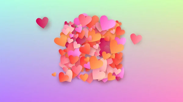 Fondo de boda. Plantilla de tarjeta. Patrón de Confetti del corazón. Muchos corazones morados que caen al azar en el telón de fondo del holograma. Fondo de boda vectorial . — Archivo Imágenes Vectoriales