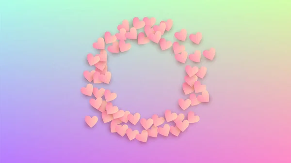Antecedentes. Patrón de Confetti del corazón. Muchos corazones rosados que caen al azar en el telón de fondo del holograma. Plantilla de invitación. Vector Amor Fondo . — Archivo Imágenes Vectoriales