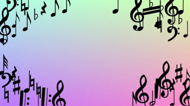 Disko arka plan. Birçok rasgele düşen notlar, bas ve tiz nota anahtarı. Hologram zemin üzerine düşen siyah müzik notaları sembolü. Disko vektör şablonu ile müzikal sembolleri.