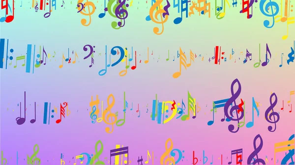 Contexte disco. Symbole de notes musicales colorées tombant sur fond d'hologramme. Many Random Falling Notes, Bass and, G Clef. Modèle vectoriel disco avec symboles musicaux. — Image vectorielle
