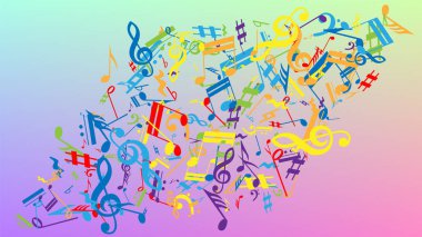 Disko arka planı. Rastgele Düşen Notalar, Bas ve Üçlü Anahtar. Renkli Müzik Notaları Sembolü Hologram Arkaplanına Düşüyor. Müzikal Sembollü Disko Vektör Şablonu.