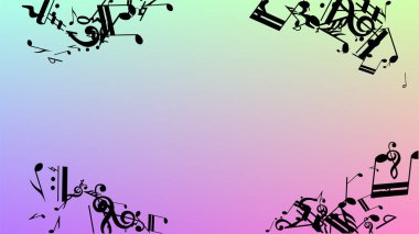 Disko arka plan. Hologram zemin üzerine düşen siyah müzik notaları sembolü. Birçok rasgele düşen notlar, bas ve G nota anahtarı. Disko vektör şablonu ile müzikal sembolleri.