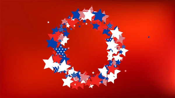 Barvy americké vlajky: červená, modrá a bílá. Abstraktní pozadí s mnoha padajícími hvězdami konfety na Rudém pozadí. Nápis, přání. vektorové hvězdy pozadí s barvami americké vlajky. — Stockový vektor