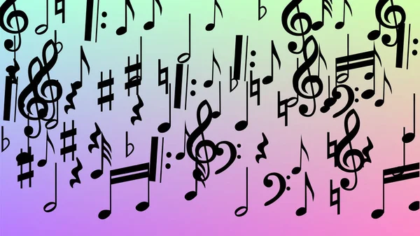 Disko arka plan. Hologram zemin üzerine düşen siyah müzik notaları sembolü. Birçok rasgele düşen notlar, bas ve G nota anahtarı. Disko vektör şablonu ile müzikal sembolleri.