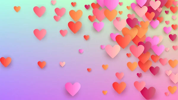 Liebe Hintergrund. viele zufällig fallende lila Herzen auf Hologrammhintergrund. Herz-Konfetti-Muster. Einladungsvorlage. Vektor Liebe Hintergrund. — Stockvektor
