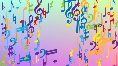 Disko arka planı. Bir sürü rasgele Düşen Notalar, Bas ve G Clef. Renkli Müzik Notaları Sembolü Hologram Arkaplanına Düşüyor. Müzikal Sembollü Disko Vektör Şablonu.