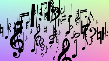 Disko arka plan. Hologram zemin üzerine düşen siyah müzik notaları sembolü. Birçok rasgele düşen notlar, bas ve G nota anahtarı. Disko vektör şablonu ile müzikal sembolleri.