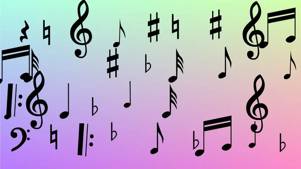 Disco de fondo. Black Musical Notes Symbol Falling on Hologram Background (en inglés). Muchas notas de caída aleatoria, Bass y, G Clef. Plantilla Disco Vector con Símbolos Musicales . — Vector de stock