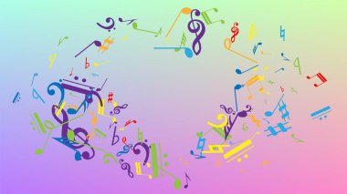 Disko arka planı. Renkli Müzik Notaları Sembolü Hologram Arkaplanına Düşüyor. Bir sürü rasgele Düşen Notalar, Bas ve G Clef. Müzikal Sembollü Disko Vektör Şablonu.