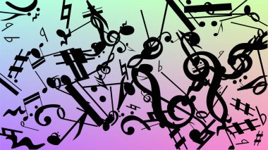 Disko arka plan. Birçok rasgele düşen notlar, bas ve G nota anahtarı. Hologram zemin üzerine düşen siyah müzik notaları sembolü. Disko vektör şablonu ile müzikal sembolleri.