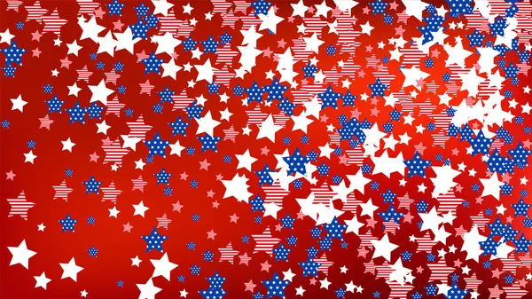 Farben der amerikanischen Flagge: Rot, Blau und Weiß. Abstrakter Hintergrund mit vielen fallenden Sternen Konfetti auf roter Kulisse. Banner, Grußkarte. Vektor Sterne Hintergrund mit Farben der amerikanischen Flagge. — Stockvektor