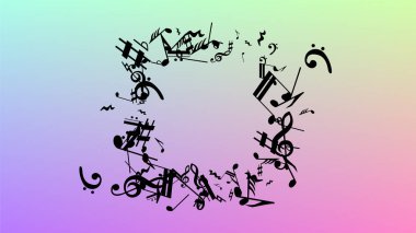 Disko arka plan. Birçok rasgele düşen notlar, bas ve tiz nota anahtarı. Hologram zemin üzerine düşen siyah müzik notaları sembolü. Disko vektör şablonu ile müzikal sembolleri.