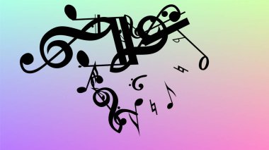 Disko arka plan. Birçok rasgele düşen notlar, bas ve G nota anahtarı. Hologram zemin üzerine düşen siyah müzik notaları sembolü. Disko vektör şablonu ile müzikal sembolleri.