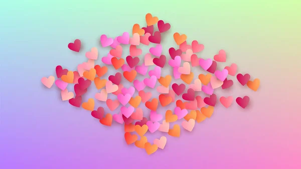 Hochzeit Hintergrund. Kartenvorlage. viele zufällig fallende rosa Herzen auf Hologrammhintergrund. Herz-Konfetti-Muster. Vektor Hochzeit Hintergrund. — Stockvektor