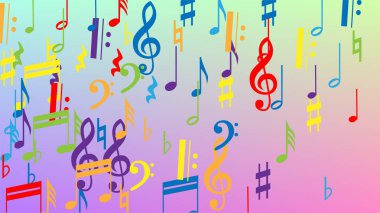Disko arka planı. Bir sürü rasgele Düşen Notalar, Bas ve G Clef. Renkli Müzik Notaları Sembolü Hologram Arkaplanına Düşüyor. Müzikal Sembollü Disko Vektör Şablonu.