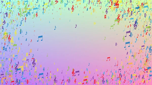 Disco-Hintergrund. Viele Zufallsnoten, Bass und, G-Schlüssel. Bunte Notensymbole fallen auf Hologrammhintergrund. Disco Vector Template mit musikalischen Symbolen. — Stockvektor