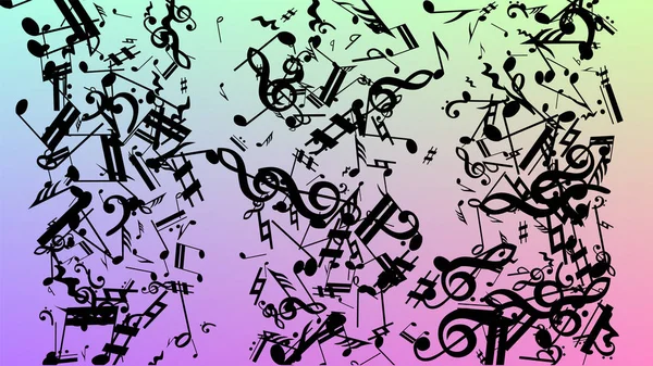 Ντίσκο φόντο. Σύμβολο μαύρα μουσικές νότες που υπάγονται σε ολόγραμμα φόντο. Πολλά τυχαία πτώση σημειώσεις, μπάσο και, Σολ. Ντίσκο διάνυσμα πρότυπο με μουσικά σύμβολα. — Διανυσματικό Αρχείο