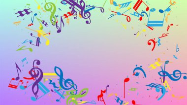 Disko arka planı. Renkli Müzik Notaları Sembolü Hologram Arkaplanına Düşüyor. Bir sürü rasgele Düşen Notalar, Bas ve G Clef. Müzikal Sembollü Disko Vektör Şablonu.