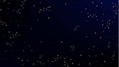 Takımyıldız Haritası. Birçok Yıldız ile Mistik Kozmik Gökyüzü. Karanlık Galaksi Deseni. Astronomik Baskı. Vektör Samanyolu Arka Plan.
