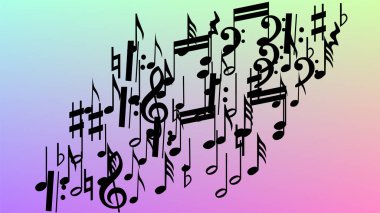 Disko arka plan. Birçok rasgele düşen notlar, bas ve tiz nota anahtarı. Hologram zemin üzerine düşen siyah müzik notaları sembolü. Disko vektör şablonu ile müzikal sembolleri.