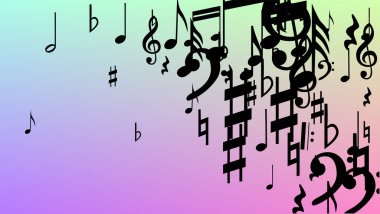 Disko arka plan. Birçok rasgele düşen notlar, bas ve tiz nota anahtarı. Hologram zemin üzerine düşen siyah müzik notaları sembolü. Disko vektör şablonu ile müzikal sembolleri.
