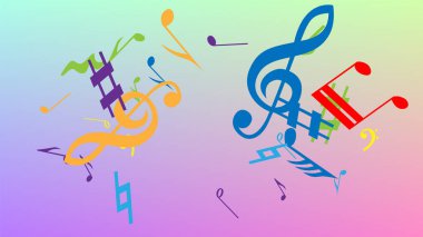 Disko arka planı. Renkli Müzik Notaları Sembolü Hologram Arkaplanına Düşüyor. Bir sürü rasgele Düşen Notalar, Bas ve G Clef. Müzikal Sembollü Disko Vektör Şablonu.