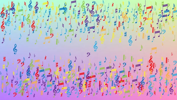 Disco-Hintergrund. Bunte Notensymbole fallen auf Hologrammhintergrund. Viele zufällig fallende Noten, Bass und, Violinschlüssel. Disco Vector Template mit musikalischen Symbolen. — Stockvektor
