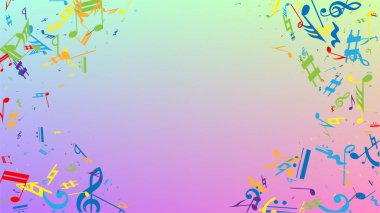 Disko arka planı. Renkli Müzik Notaları Sembolü Hologram Arkaplanına Düşüyor. Bir sürü rasgele Düşen Notalar, Bas ve G Clef. Müzikal Sembollü Disko Vektör Şablonu.