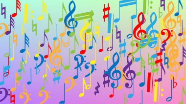 Disko arka planı. Renkli Müzik Notaları Sembolü Hologram Arkaplanına Düşüyor. Bir sürü rasgele Düşen Notalar, Bas ve G Clef. Müzikal Sembollü Disko Vektör Şablonu.