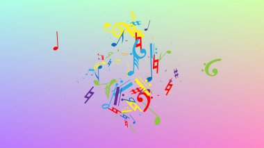 Disko arka planı. Renkli Müzik Notaları Sembolü Hologram Arkaplanına Düşüyor. Bir sürü rasgele Düşen Notalar, Bas ve G Clef. Müzikal Sembollü Disko Vektör Şablonu.