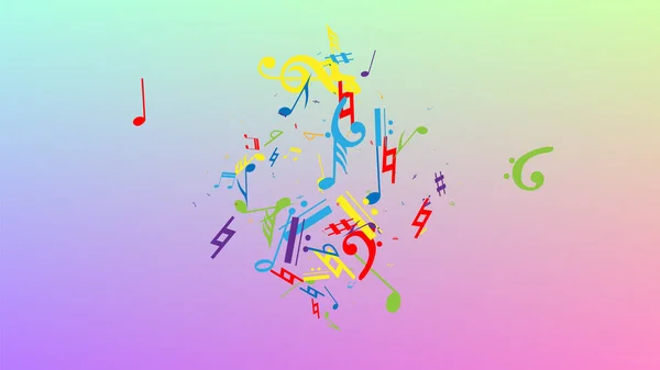 Disco de fondo. Notas musicales coloridas Símbolo que cae en el fondo del holograma. Muchas notas de caída aleatoria, Bass y, G Clef. Plantilla Disco Vector con Símbolos Musicales. — Vector de stock