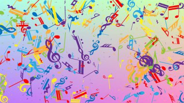 Disko arka planı. Renkli Müzik Notaları Sembolü Hologram Arkaplanına Düşüyor. Bir sürü rasgele Düşen Notalar, Bas ve G Clef. Müzikal Sembollü Disko Vektör Şablonu.