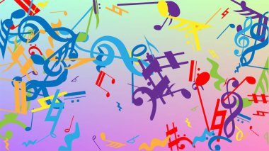 Disko arka planı. Bir sürü rasgele Düşen Notalar, Bas ve G Clef. Renkli Müzik Notaları Sembolü Hologram Arkaplanına Düşüyor. Müzikal Sembollü Disko Vektör Şablonu.