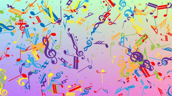 Disko arka planı. Renkli Müzik Notaları Sembolü Hologram Arkaplanına Düşüyor. Bir sürü rasgele Düşen Notalar, Bas ve G Clef. Müzikal Sembollü Disko Vektör Şablonu.
