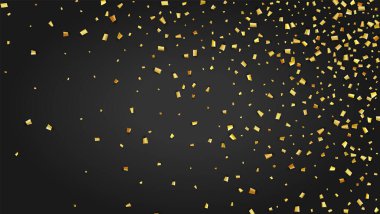 Altın Konfeti Kara Platforma Düşüyor. Şenlik Düzeni. Evrensel Arka plan 'da Tatil Dekorasyonu. Modern Modern Lüks Şablon. Birçok Altın Konfeti ile Vektör Arkaplanı.